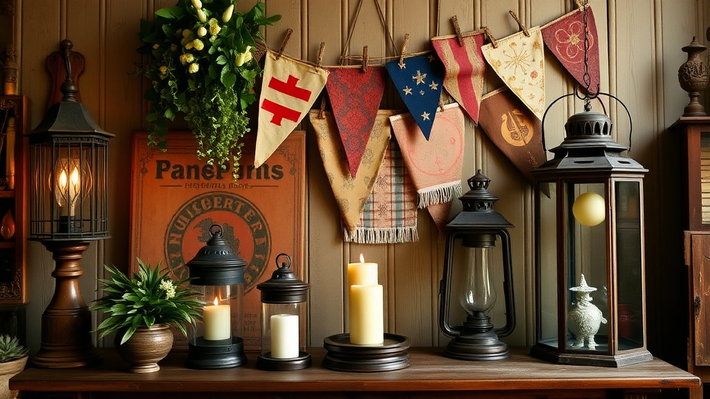 Nostalgic Decor: Pennants, Lanterns, and Antique Finds